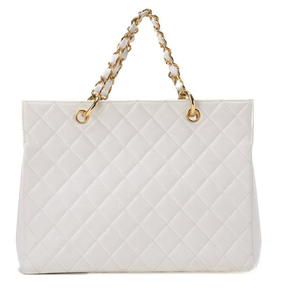 CHANEL Chanel Tote Bag Matelasse Caviar Skin Coco Mark White Chain Hand Gold-Tone Hardware, Pre-Owned