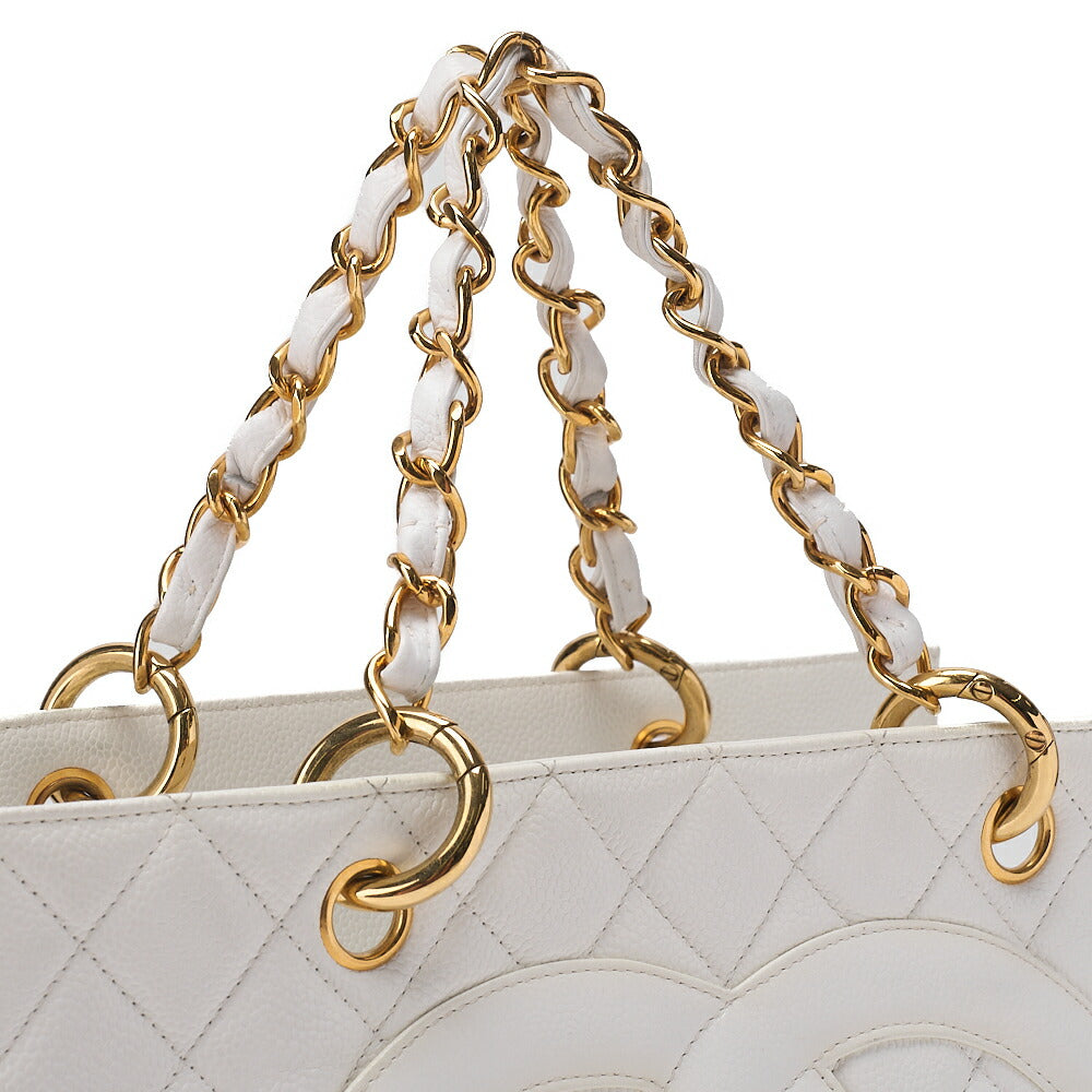 CHANEL Chanel Tote Bag Matelasse Caviar Skin Coco Mark White Chain Hand Gold-Tone Hardware, Pre-Owned