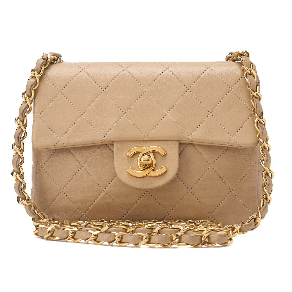 CHANEL Chain Shoulder Bag Mini Matelasse 17cm Turnlock Lambskin Beige Gold-Tone Hardware, Pre-Owned