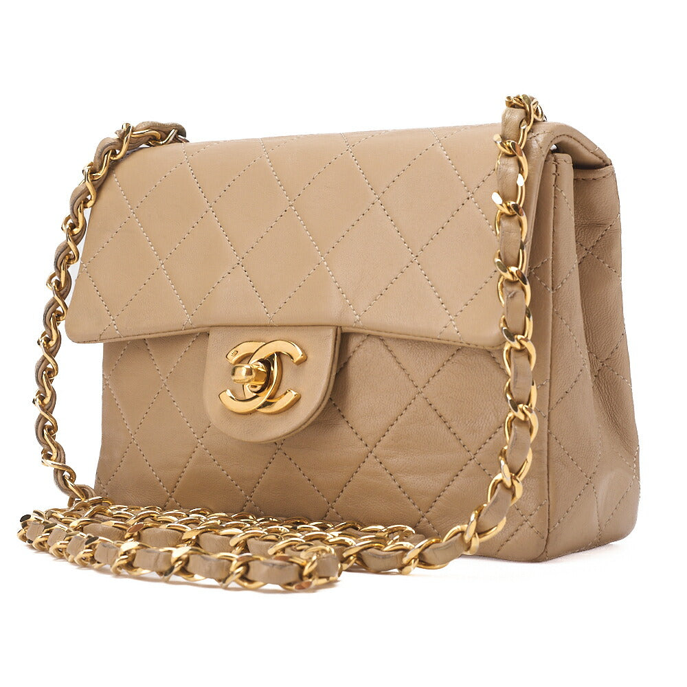CHANEL Chain Shoulder Bag Mini Matelasse 17cm Turnlock Lambskin Beige Gold-Tone Hardware, Pre-Owned