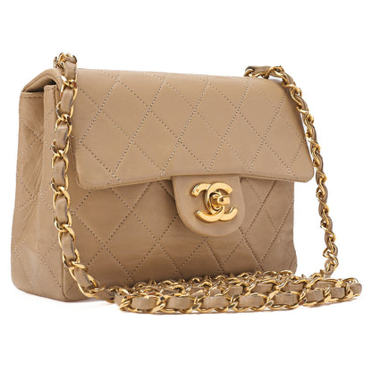 CHANEL Chain Shoulder Bag Mini Matelasse 17cm Turnlock Lambskin Beige Gold-Tone Hardware, Pre-Owned