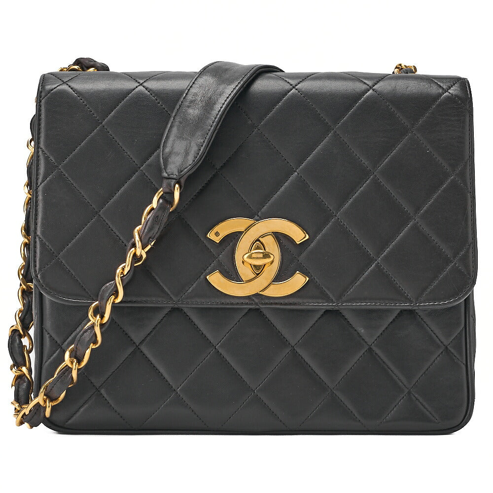 CHANEL Chain Shoulder Bag Square Lambskin Black Gold-Tone Hardware, Pre-Owned