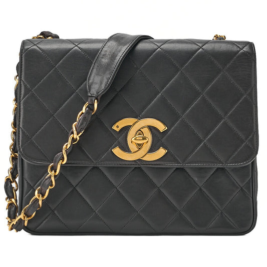 CHANEL Chain Shoulder Bag Square Lambskin Black Gold-Tone Hardware, Pre-Owned