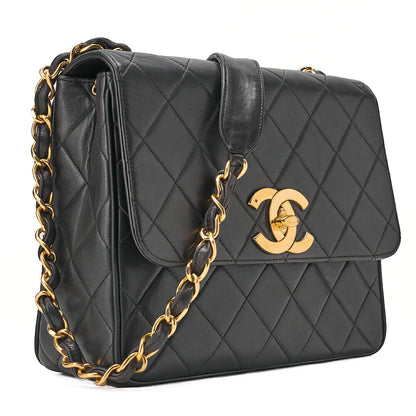 CHANEL Chain Shoulder Bag Square Lambskin Black Gold-Tone Hardware, Pre-Owned