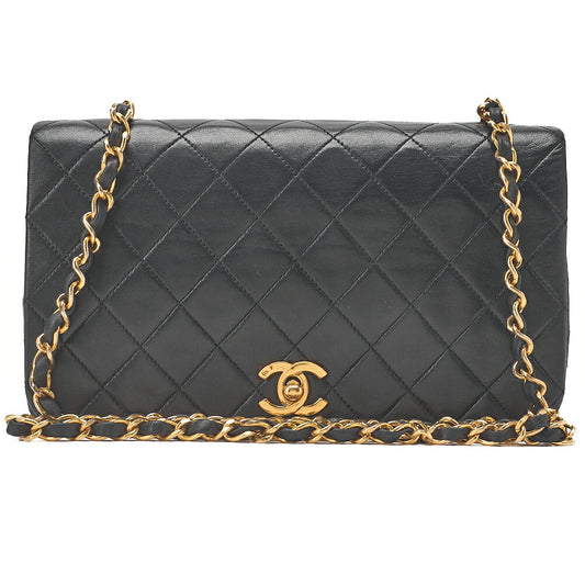 CHANEL Lambskin Matelasse Full Flap 23cm Turnlock Chain Shoulder Black Gold-Tone Hardware, Pre-Owned