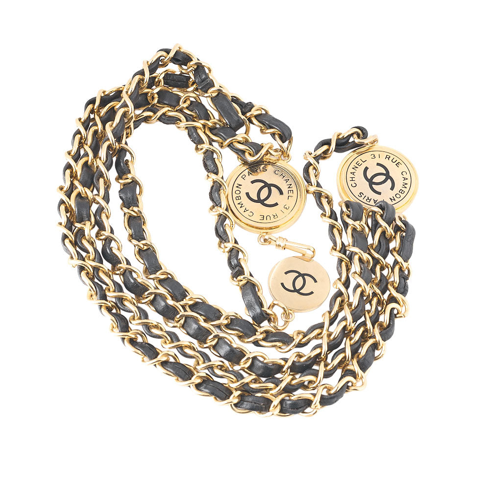 CHANEL 31RUE CAMBON Cocomark Chain Belt Triple GP  xx Leather Black x  Gold Gold-Tone Hardware, Pre-Owned