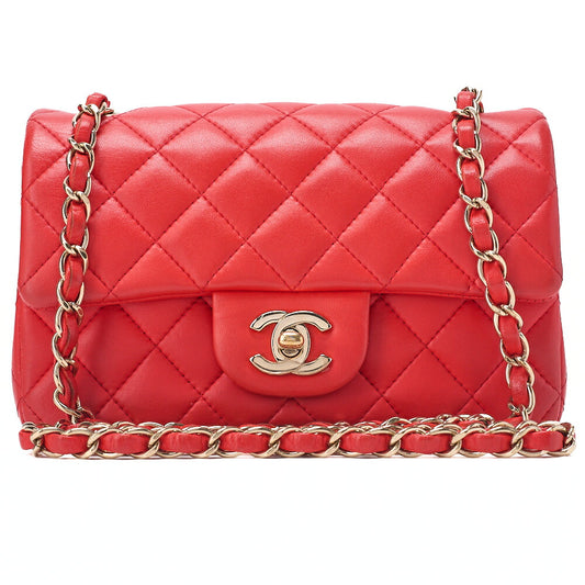 CHANEL Chain Shoulder Bag Mini Matelasse 20cm Lambskin Red Gold-Tone Hardware, Pre-Owned