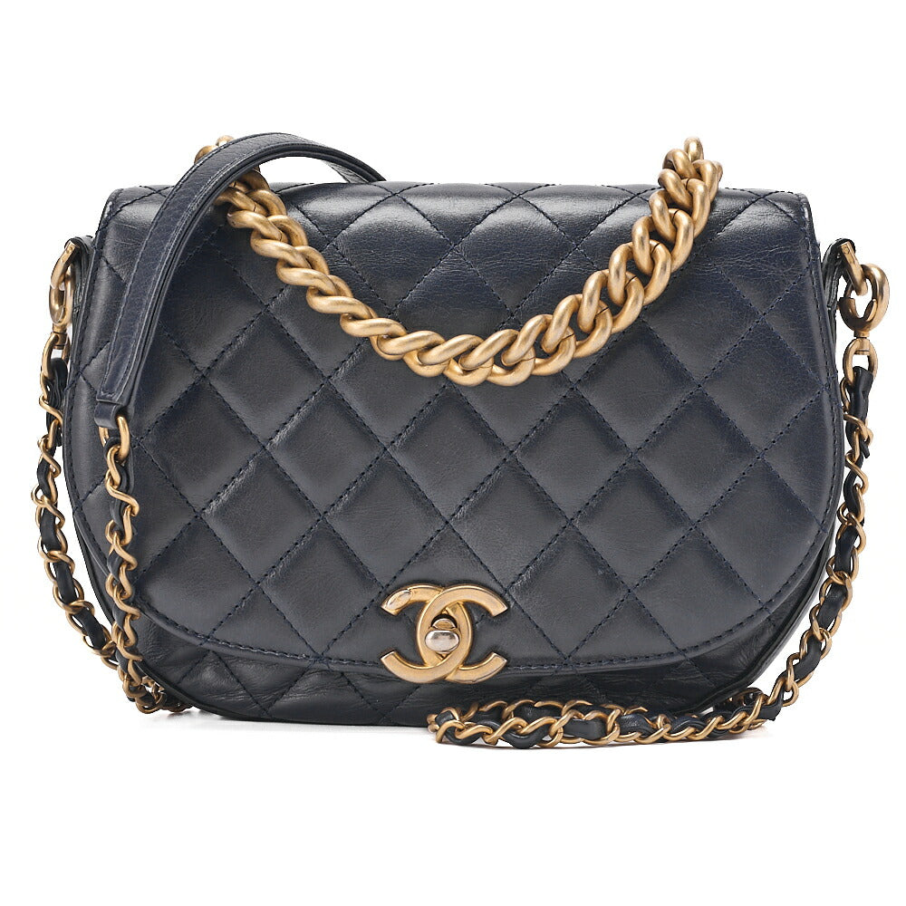 CHANEL Vintage Calf Matelasse Half Moon 2way Chain Shoulder Navy Gold-Tone Hardware, Pre-Owned