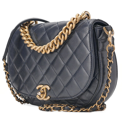 CHANEL Vintage Calf Matelasse Half Moon 2way Chain Shoulder Navy Gold-Tone Hardware, Pre-Owned