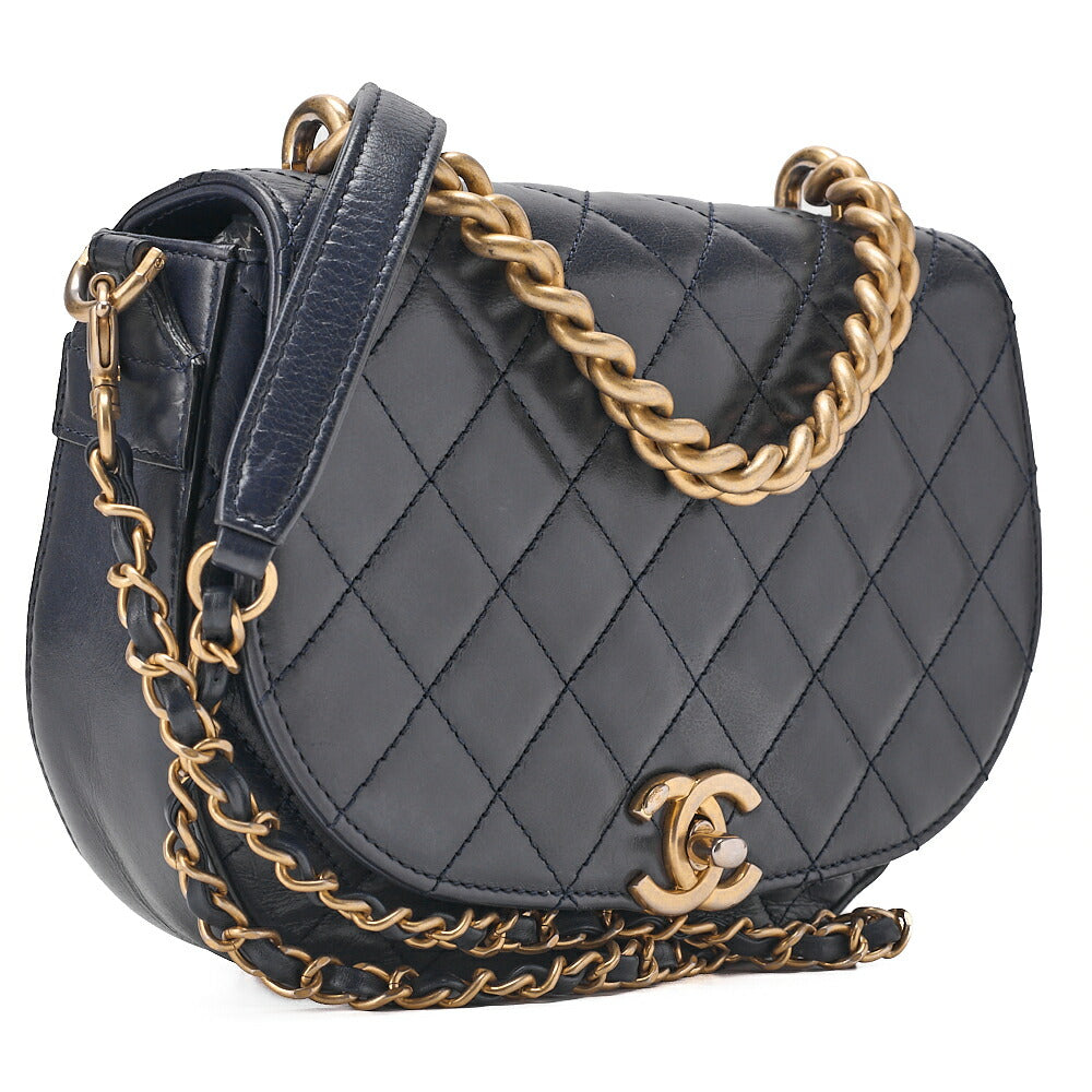 CHANEL Vintage Calf Matelasse Half Moon 2way Chain Shoulder Navy Gold-Tone Hardware, Pre-Owned