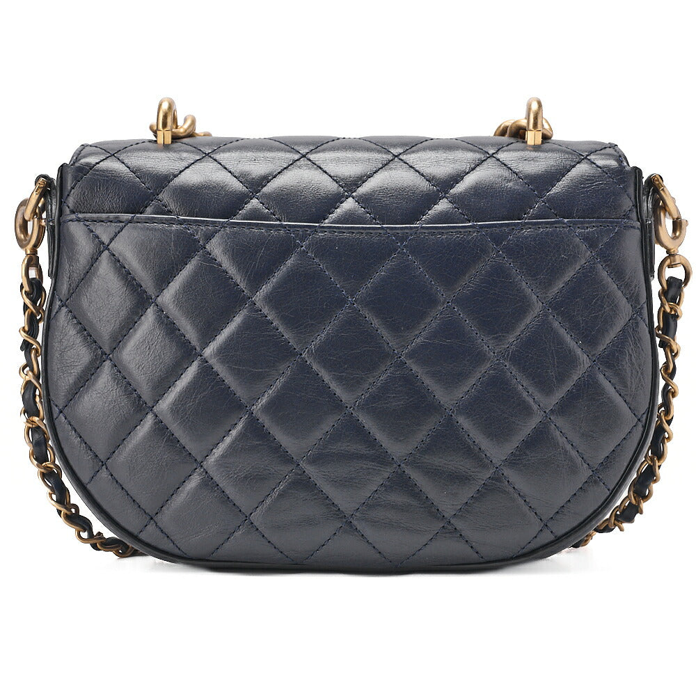 CHANEL Vintage Calf Matelasse Half Moon 2way Chain Shoulder Navy Gold-Tone Hardware, Pre-Owned