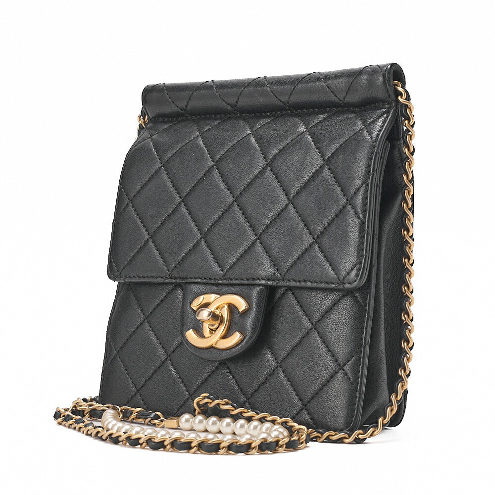 CHANEL Chain Shoulder Matelasse Pearl Chain Chain Wallet Lambskin Black Gold-Tone Hardware, Pre-Owned