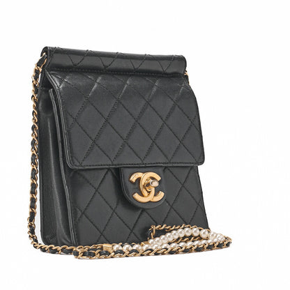 CHANEL Chain Shoulder Matelasse Pearl Chain Chain Wallet Lambskin Black Gold-Tone Hardware, Pre-Owned