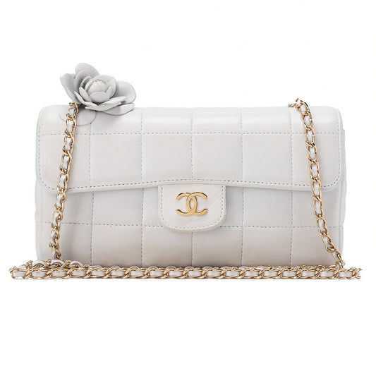CHANEL Chocolate Bar Camellia Magnet Lock Chain Shoulder Lambskin Light Bull Gold-Tone Hardware, Pre-Owned