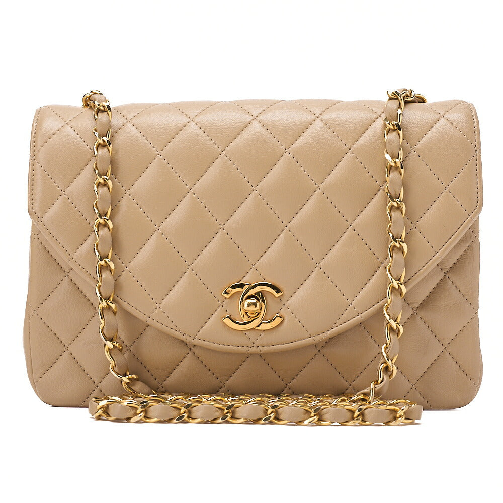CHANEL Chain Shoulder Bag Matelasse Lambskin Beige Round Flap Gold-Tone Hardware, Pre-Owned