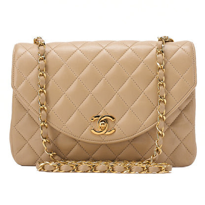 CHANEL Chain Shoulder Bag Matelasse Lambskin Beige Round Flap Gold-Tone Hardware, Pre-Owned