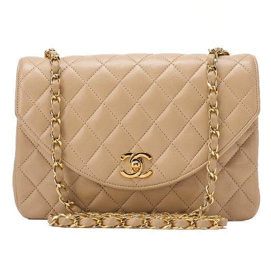 CHANEL Chain Shoulder Bag Matelasse Lambskin Beige Round Flap Gold-Tone Hardware, Pre-Owned