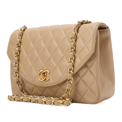 CHANEL Chain Shoulder Bag Matelasse Lambskin Beige Round Flap Gold-Tone Hardware, Pre-Owned
