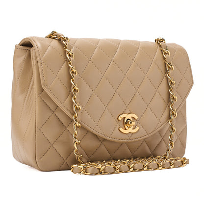 CHANEL Chain Shoulder Bag Matelasse Lambskin Beige Round Flap Gold-Tone Hardware, Pre-Owned