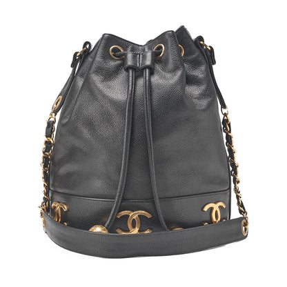 CHANEL Chain Shoulder Bag Triple Coco Caviar Skin Ball Charm Drawstring Black Gold-Tone Hardware, Pre-Owned