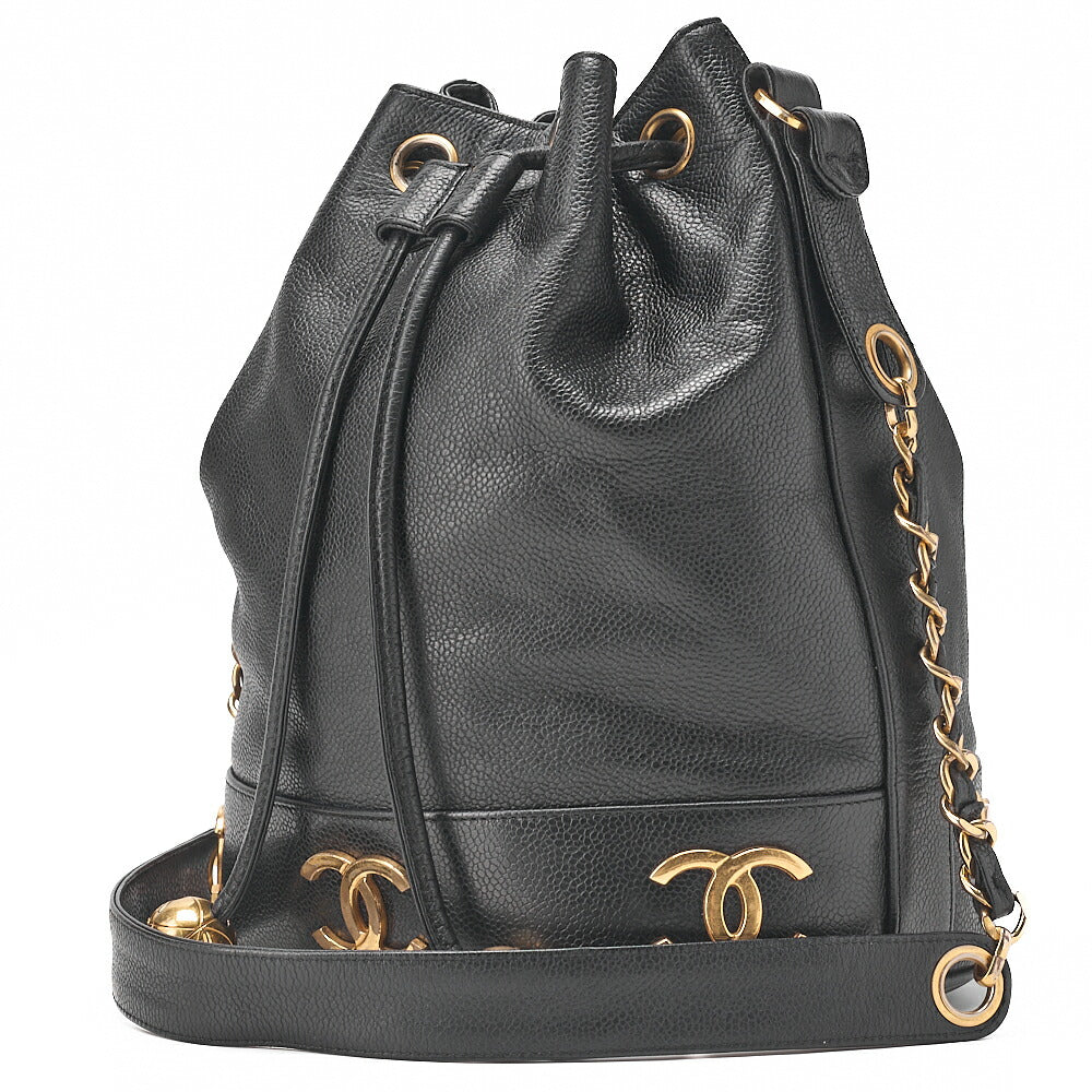 CHANEL Chain Shoulder Bag Triple Coco Caviar Skin Ball Charm Drawstring Black Gold-Tone Hardware, Pre-Owned