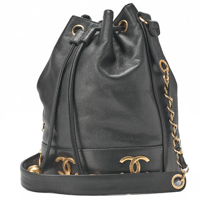 CHANEL Chain Shoulder Bag Triple Coco Caviar Skin Ball Charm Drawstring Black Gold-Tone Hardware, Pre-Owned