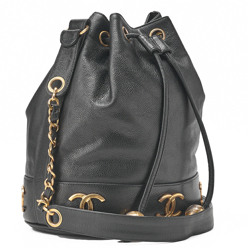CHANEL Chain Shoulder Bag Triple Coco Caviar Skin Ball Charm Drawstring Black Gold-Tone Hardware, Pre-Owned