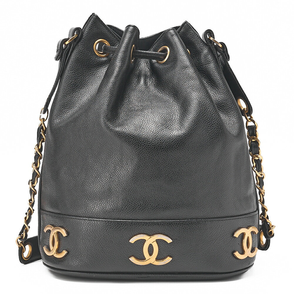 CHANEL Chain Shoulder Bag Triple Coco Caviar Skin Ball Charm Drawstring Black Gold-Tone Hardware, Pre-Owned