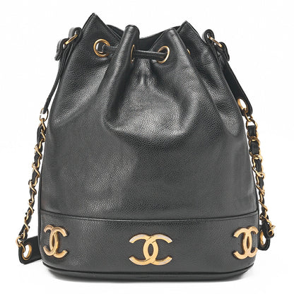 CHANEL Chain Shoulder Bag Triple Coco Caviar Skin Ball Charm Drawstring Black Gold-Tone Hardware, Pre-Owned