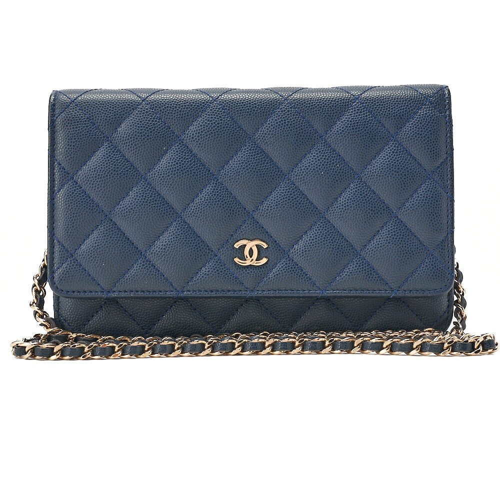 CHANEL Matelasse  Chain Wallet Caviar Skin Navy Gold-Tone Hardware, Pre-Owned