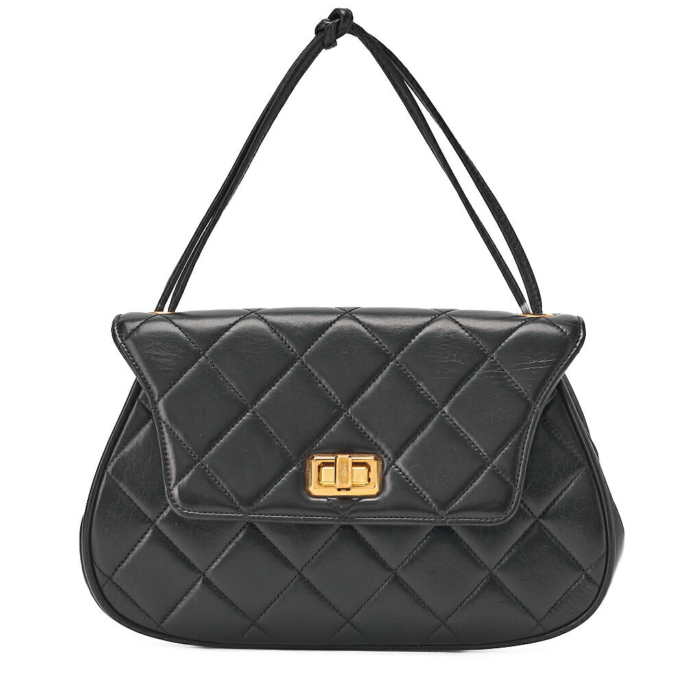 CHANEL Lambskin Matelasse 2.55 Lock Round Handbag Black Gold-Tone Hardware, Pre-Owned
