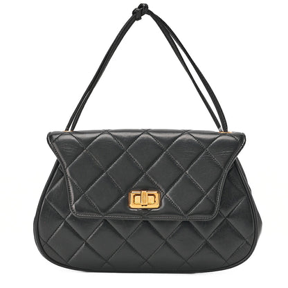CHANEL Lambskin Matelasse 2.55 Lock Round Handbag Black Gold-Tone Hardware, Pre-Owned