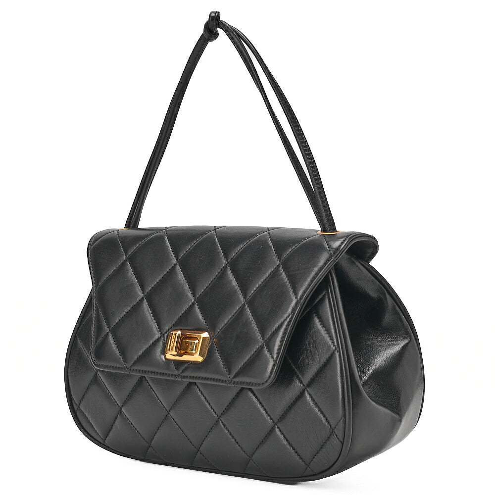 CHANEL Lambskin Matelasse 2.55 Lock Round Handbag Black Gold-Tone Hardware, Pre-Owned