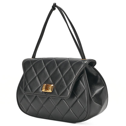 CHANEL Lambskin Matelasse 2.55 Lock Round Handbag Black Gold-Tone Hardware, Pre-Owned