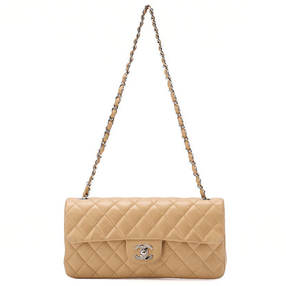 CHANEL Chain Shoulder Bag Matelasse Single Flap Lambskin Beige Silver-Tone Hardware, Pre-Owned