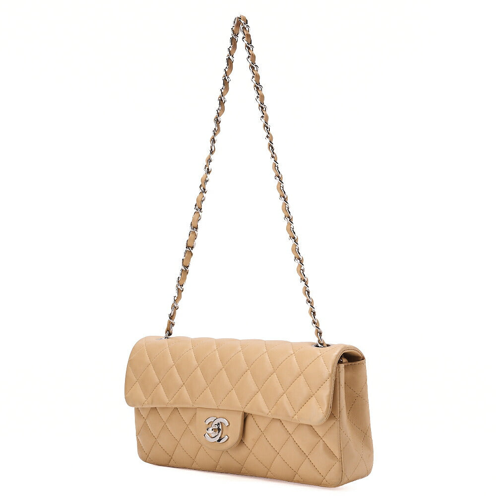 CHANEL Chain Shoulder Bag Matelasse Single Flap Lambskin Beige Silver-Tone Hardware, Pre-Owned