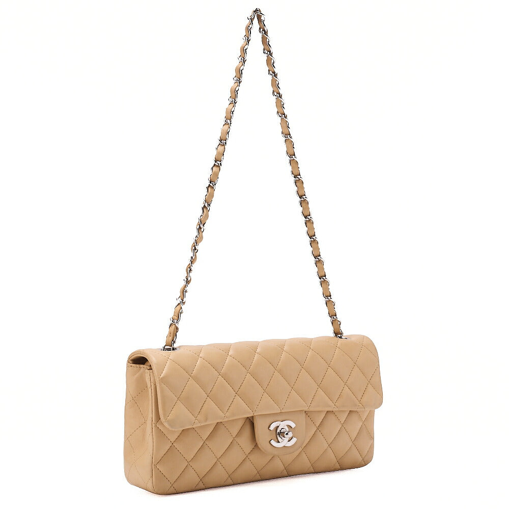 CHANEL Chain Shoulder Bag Matelasse Single Flap Lambskin Beige Silver-Tone Hardware, Pre-Owned