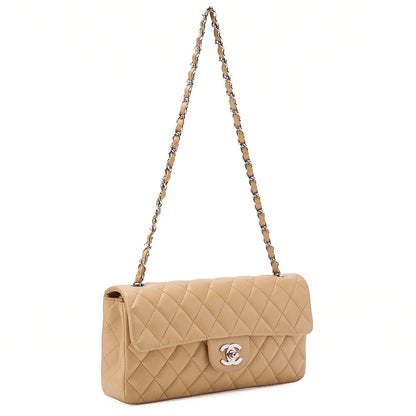 CHANEL Chain Shoulder Bag Matelasse Single Flap Lambskin Beige Silver-Tone Hardware, Pre-Owned