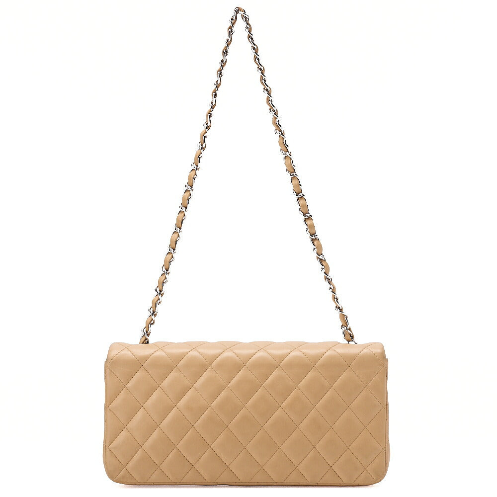 CHANEL Chain Shoulder Bag Matelasse Single Flap Lambskin Beige Silver-Tone Hardware, Pre-Owned