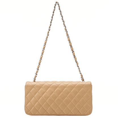 CHANEL Chain Shoulder Bag Matelasse Single Flap Lambskin Beige Silver-Tone Hardware, Pre-Owned