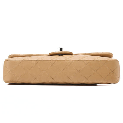 CHANEL Chain Shoulder Bag Matelasse Single Flap Lambskin Beige Silver-Tone Hardware, Pre-Owned