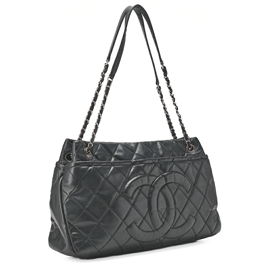 CHANEL Caviar Skin Matelasse Coco Mark Chain Shoulder Bag Black Silver-Tone Hardware, Pre-Owned