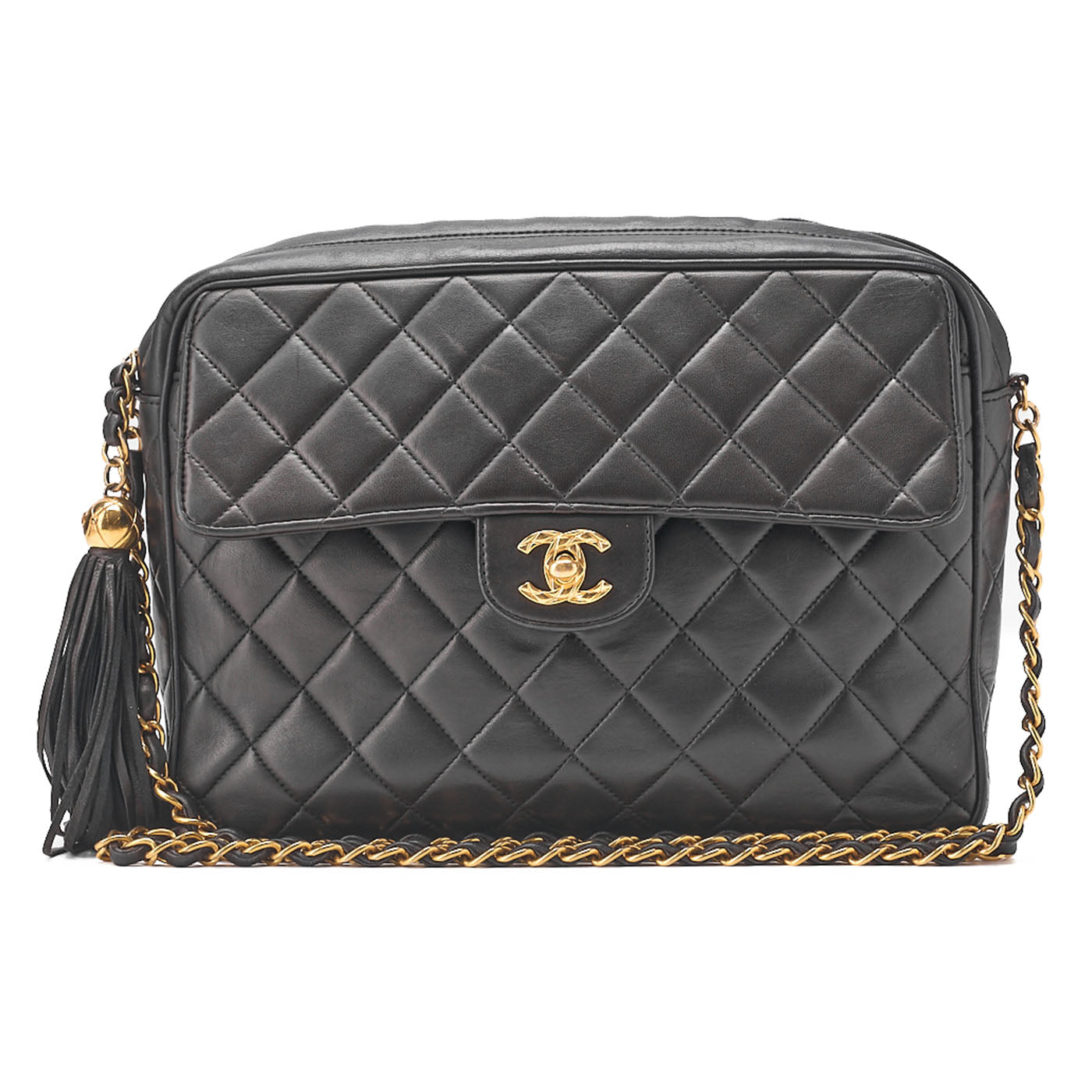 CHANEL Chain Shoulder Bag Matelasse Outside Flap Fringe Chain Shoulder Lambskin Black Gold-Tone Hardware, Pre-Owned