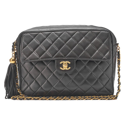 CHANEL Chain Shoulder Bag Matelasse Outside Flap Fringe Chain Shoulder Lambskin Black Gold-Tone Hardware, Pre-Owned