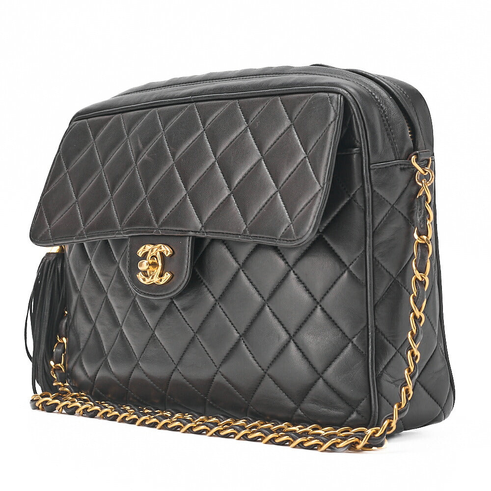 CHANEL Chain Shoulder Bag Matelasse Outside Flap Fringe Chain Shoulder Lambskin Black Gold-Tone Hardware, Pre-Owned