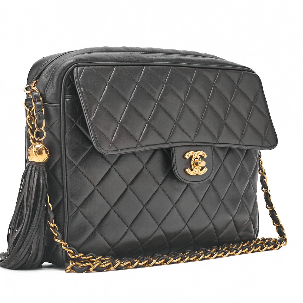 CHANEL Chain Shoulder Bag Matelasse Outside Flap Fringe Chain Shoulder Lambskin Black Gold-Tone Hardware, Pre-Owned