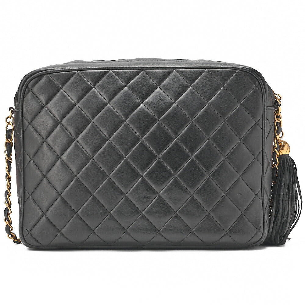 CHANEL Chain Shoulder Bag Matelasse Outside Flap Fringe Chain Shoulder Lambskin Black Gold-Tone Hardware, Pre-Owned