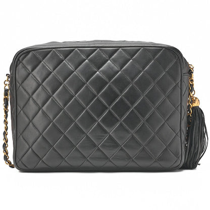 CHANEL Chain Shoulder Bag Matelasse Outside Flap Fringe Chain Shoulder Lambskin Black Gold-Tone Hardware, Pre-Owned