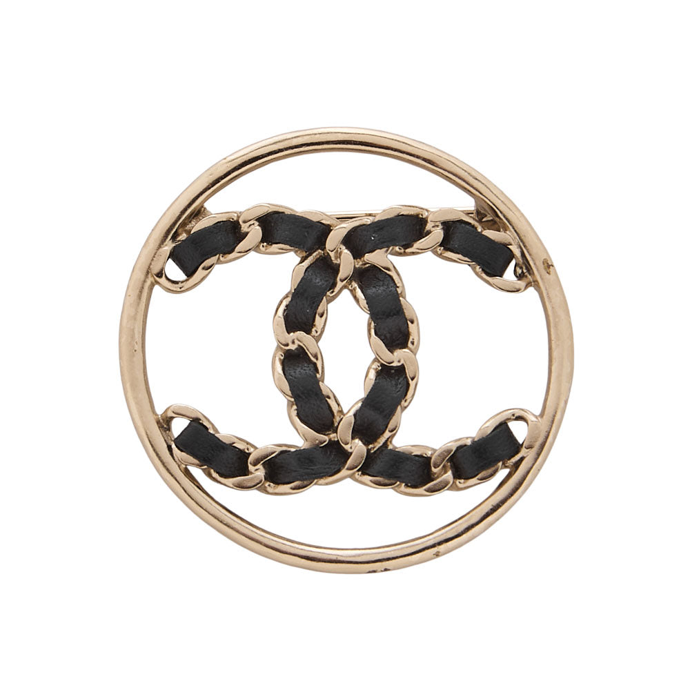 CHANEL Circle Coco B19P Brooch GP x  Leather Black x  Gold-Tone Hardware, Pre-Owned