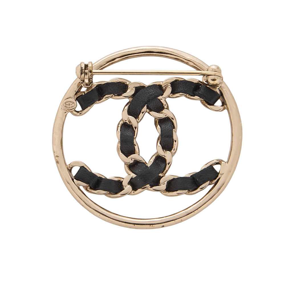 CHANEL Circle Coco B19P Brooch GP x  Leather Black x  Gold-Tone Hardware, Pre-Owned